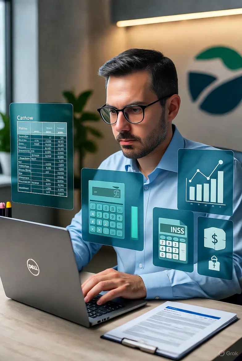 Contador feliz em seu escritório, usando um computador que exibe o dashboard do sistema de folha de pagamento, demonstrando o benefício direto da ferramenta.